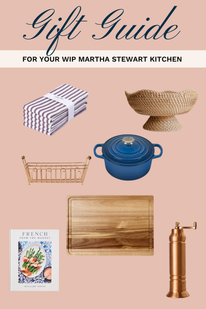 Graphic featuring the collection of Nancy Meyers inspired gifts including a dutch oven, french towels, drying rack and more. 